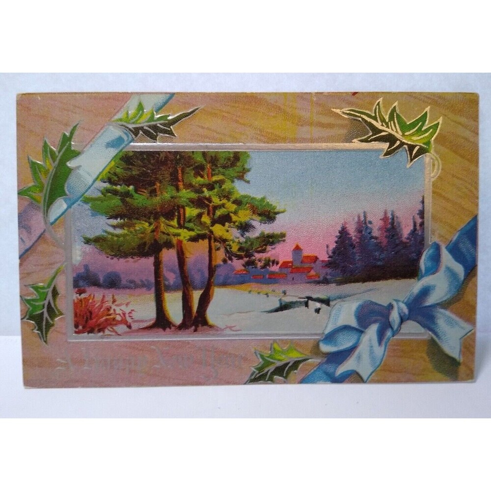 Happy New Year Postcard 542 Scenic Trees Country Village Vintage Embossed